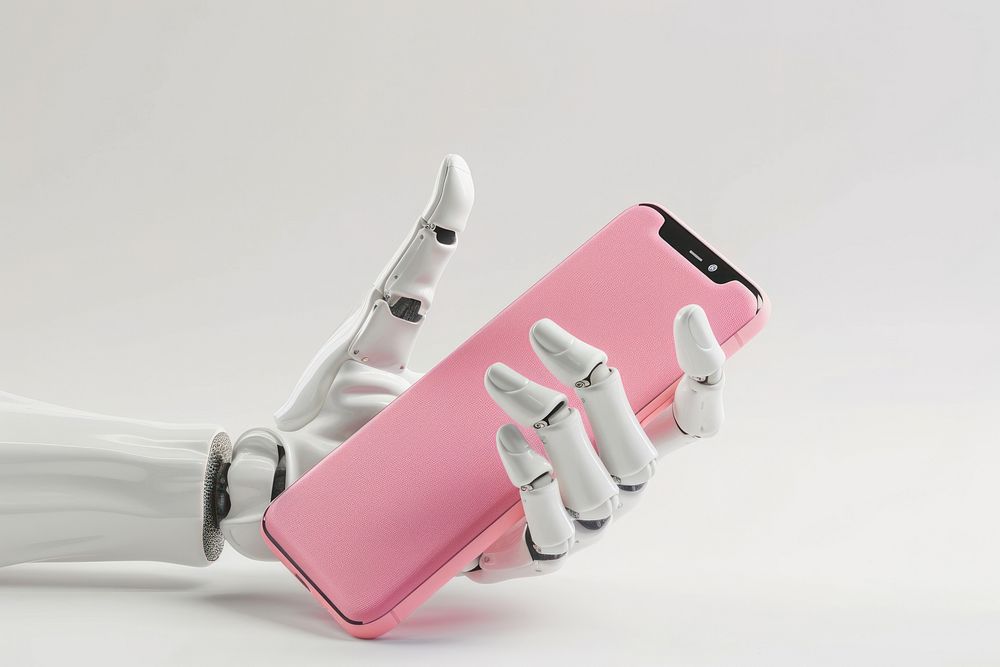 3D white prosthetic hand holding phone and case electronics technology gadget.