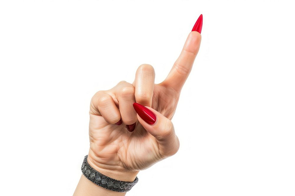 Women show rock hand sign cosmetics finger white background.