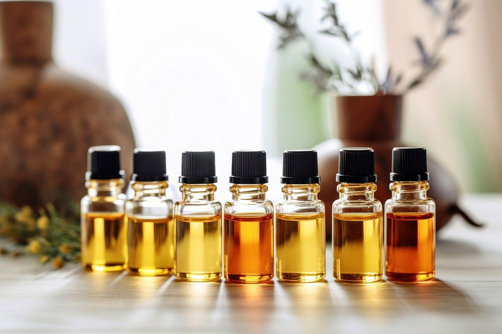 Close up of essential oils perfume bottle arrangement.