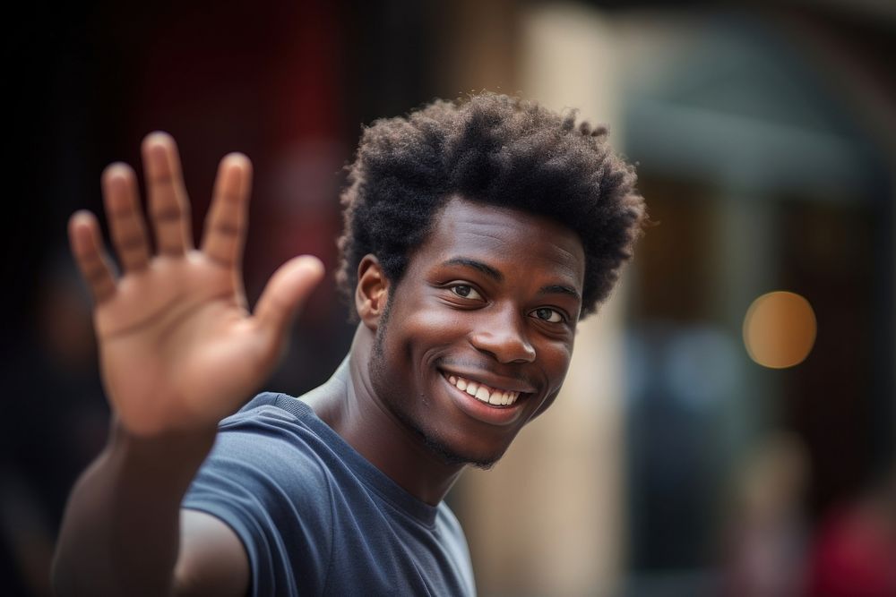 Happy black person person waving smile architecture gesturing.