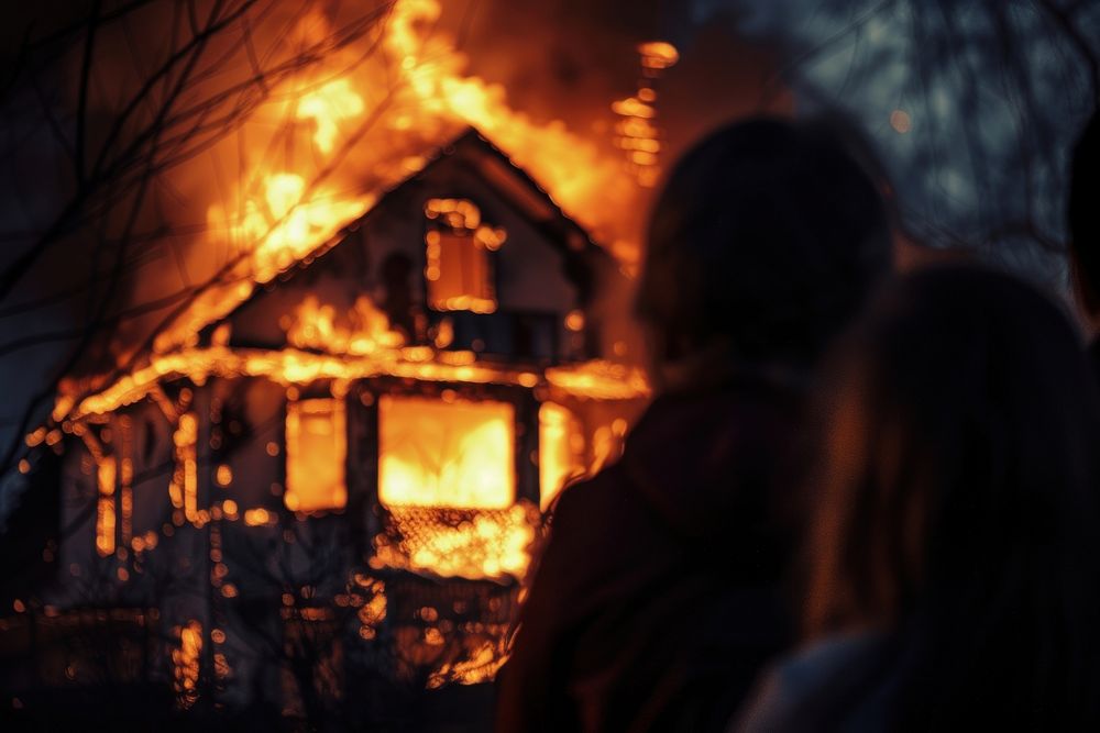 People watching burning house fireplace adult architecture.