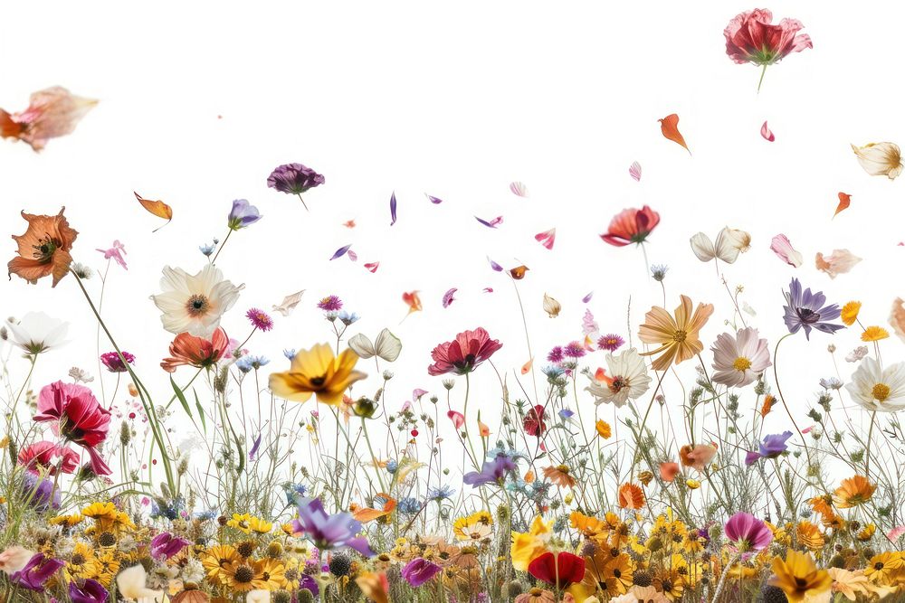 Beautiful field of flowers with flying petals backgrounds outdoors blossom.