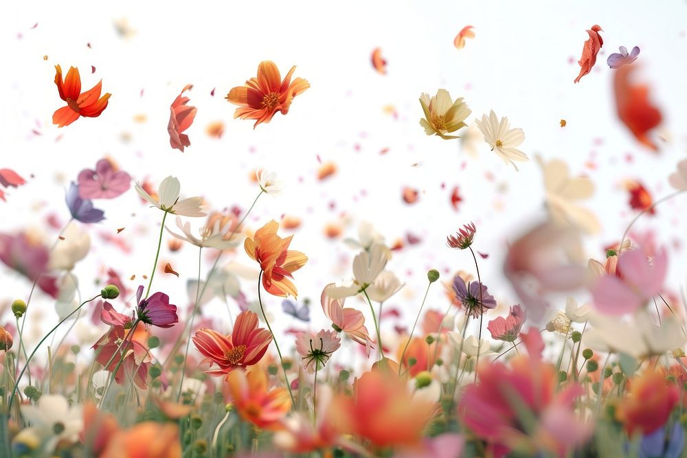 Beautiful field of flowers with flying petals backgrounds outdoors blossom.