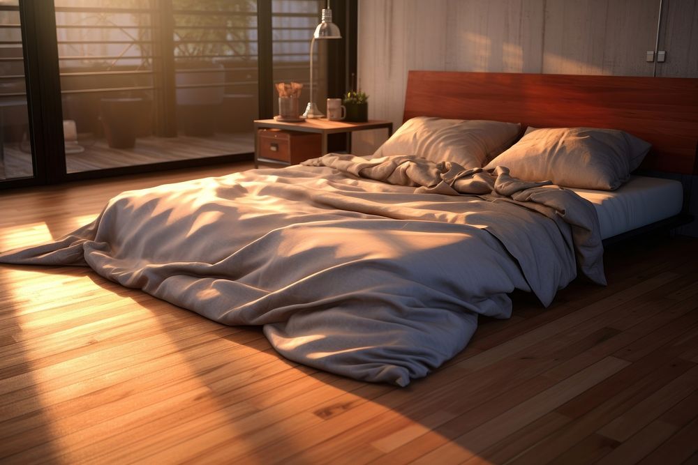 Sunlight on wooden floor bed furniture hardwood.