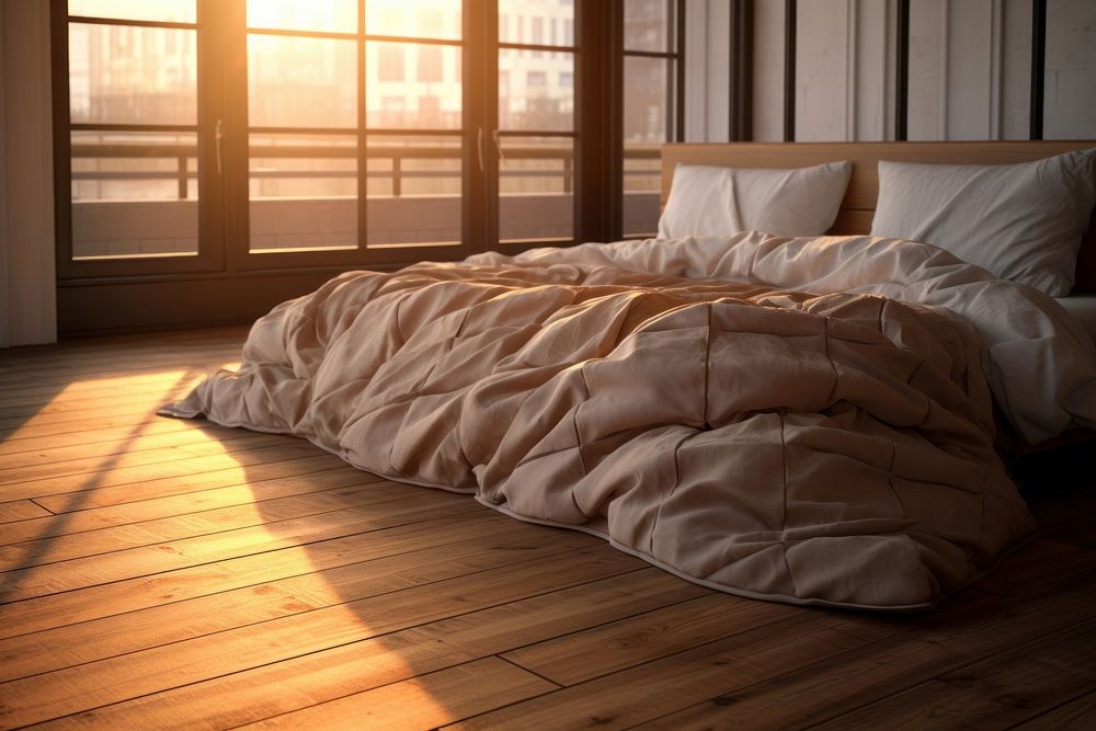 Sunlight on wooden floor bed furniture hardwood.