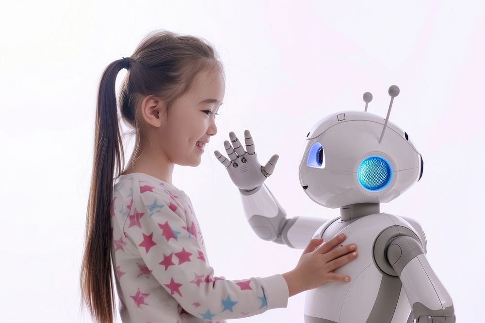 A girl in front of a cute robot child technology futuristic.