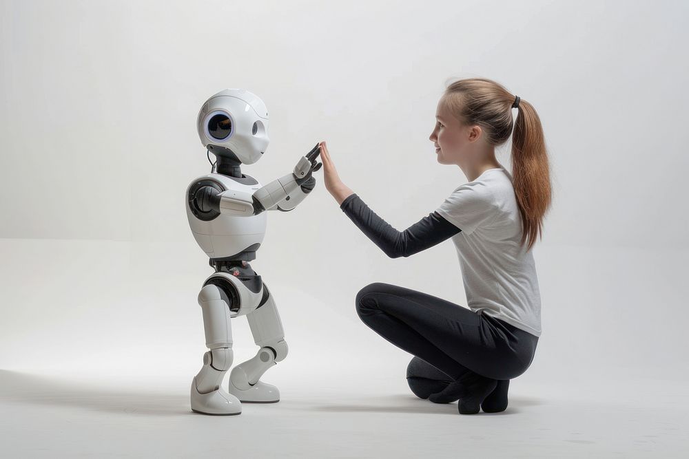 A girl in front of a small robot technology futuristic astronaut.
