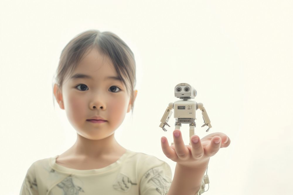 A girl in front of a tiny robot toy representation futuristic.