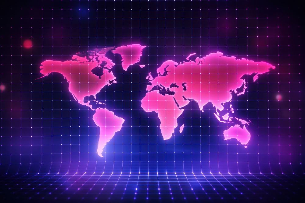 Retrowave world map backgrounds abstract purple.