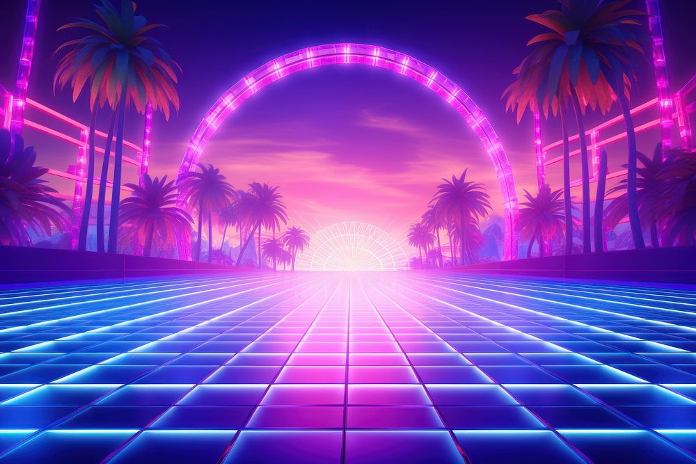 Retrowave amusement park outdoors purple light.