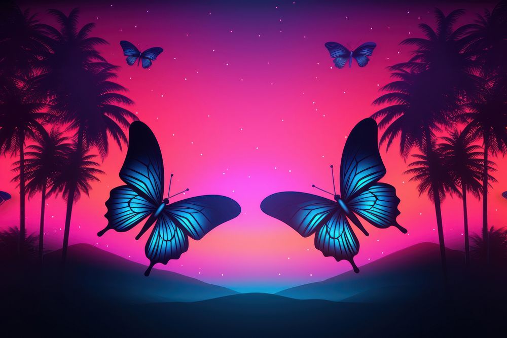 Retrowave butterflies outdoors nature sunset.