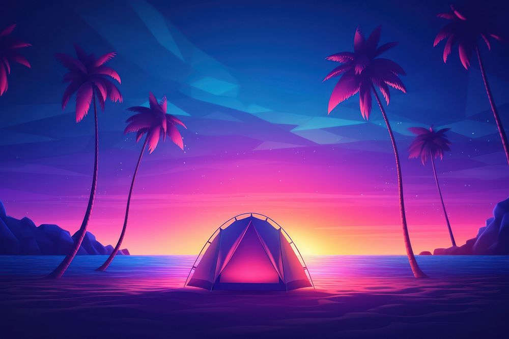 Retrowave camping outdoors nature tent.
