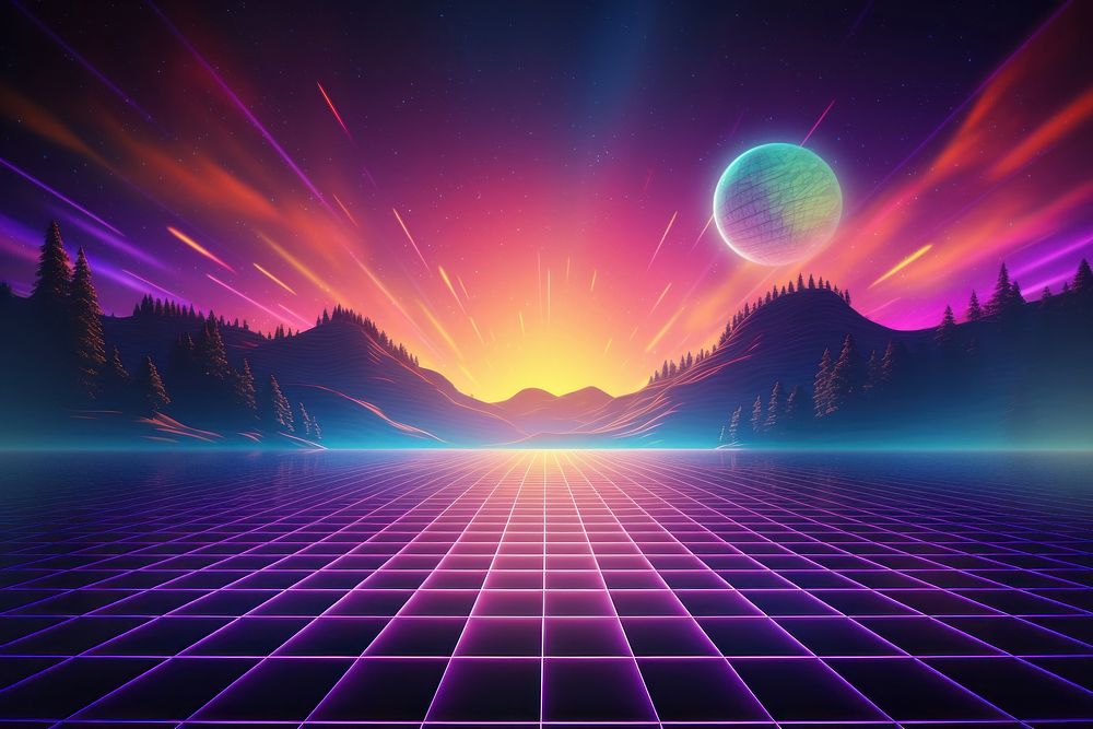 Retrowave camping astronomy abstract sunset.