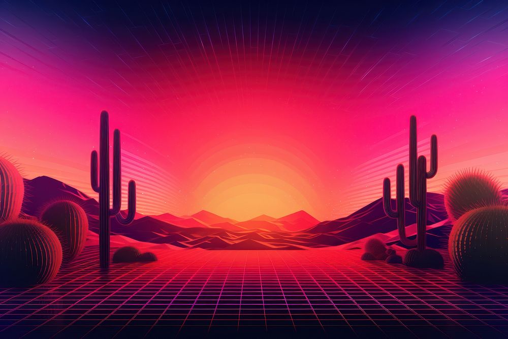 Retrowave cactus landscape sunset nature.