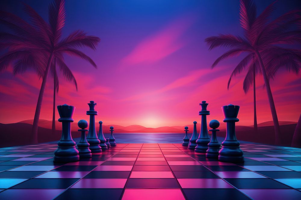 Retrowave chess sunset game illuminated.
