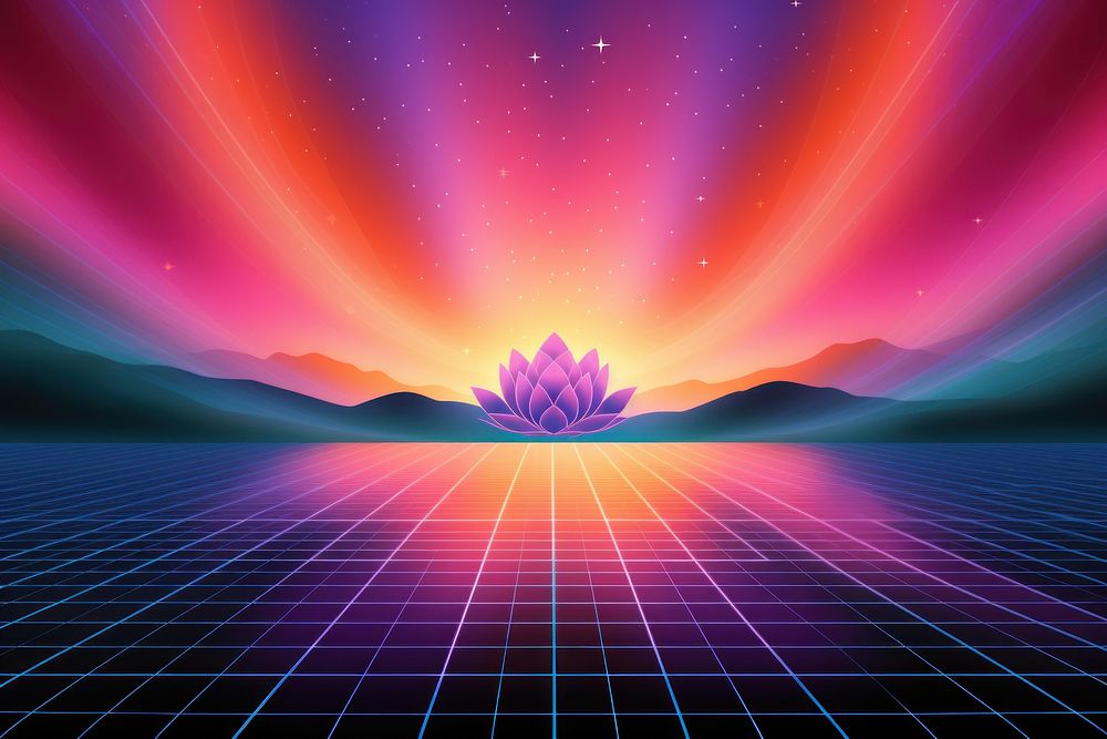 Retrowave lotus abstract nature sunset.