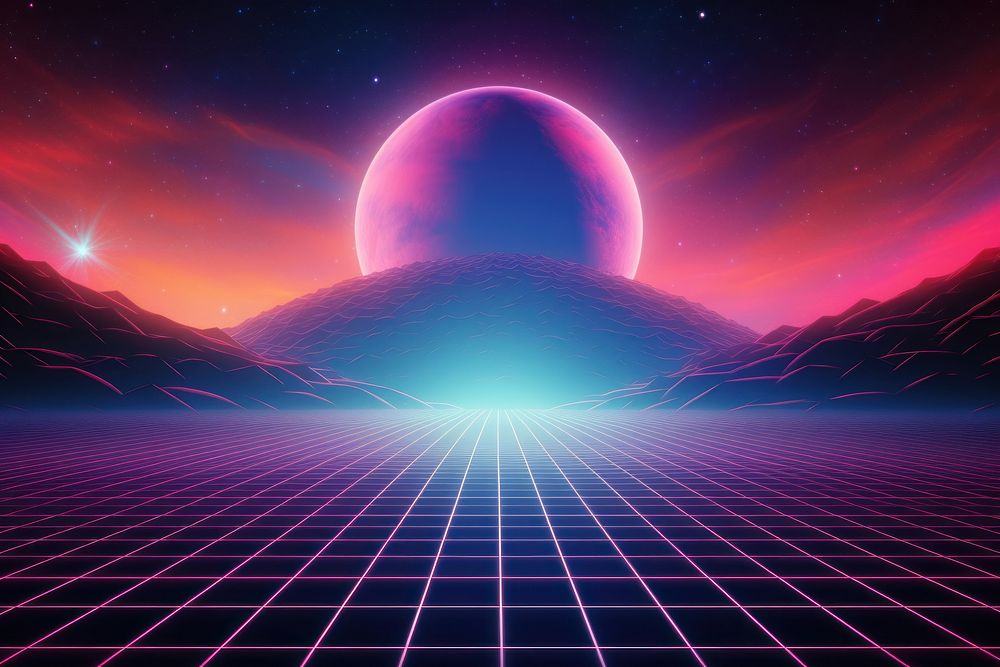 Retrowave moon space astronomy abstract.