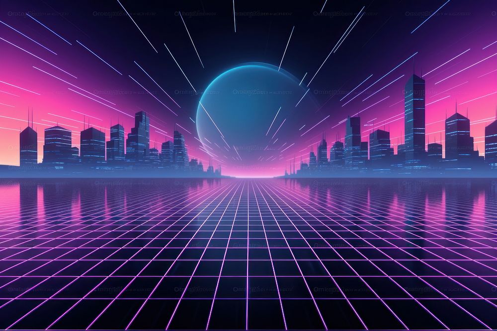 Retrowave buildings architecture abstract purple.