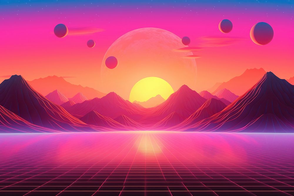 Retrowave desert sunset mountain abstract.