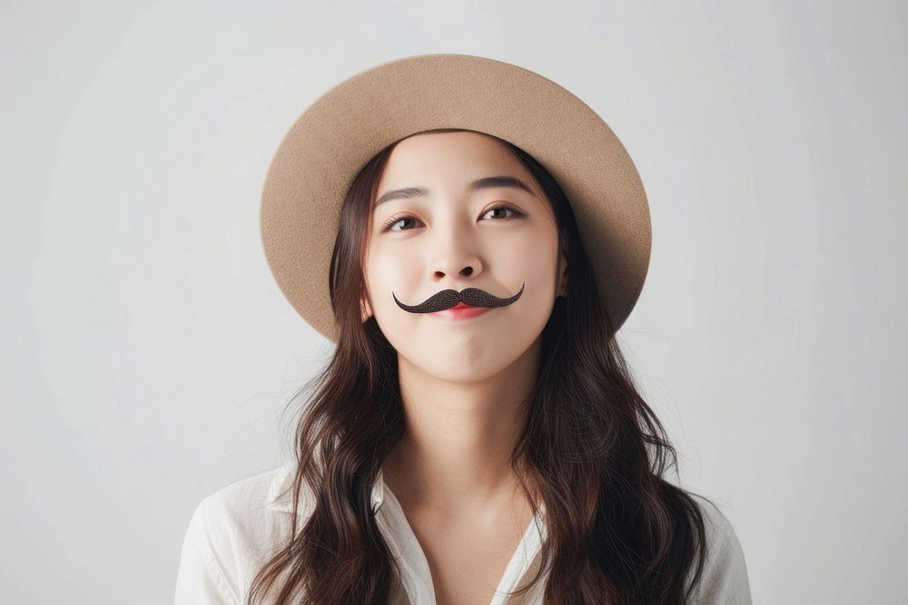 Asian woman with fake mustache and wear hat portrait adult smile.