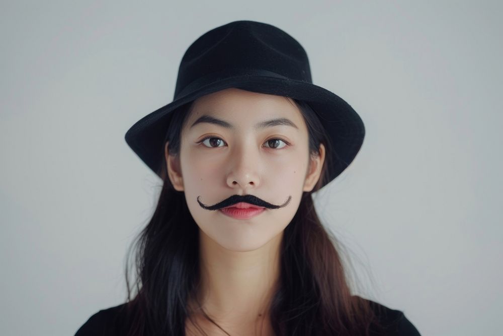 Asian woman with fake mustache and wear hat portrait adult individuality.