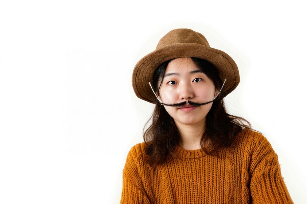 Asian woman with fake mustache and wear hat portrait adult white background.
