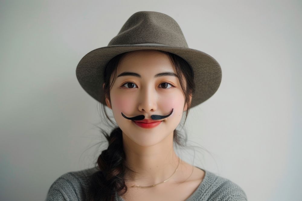 Asian woman with fake mustache and wear hat portrait adult accessories.
