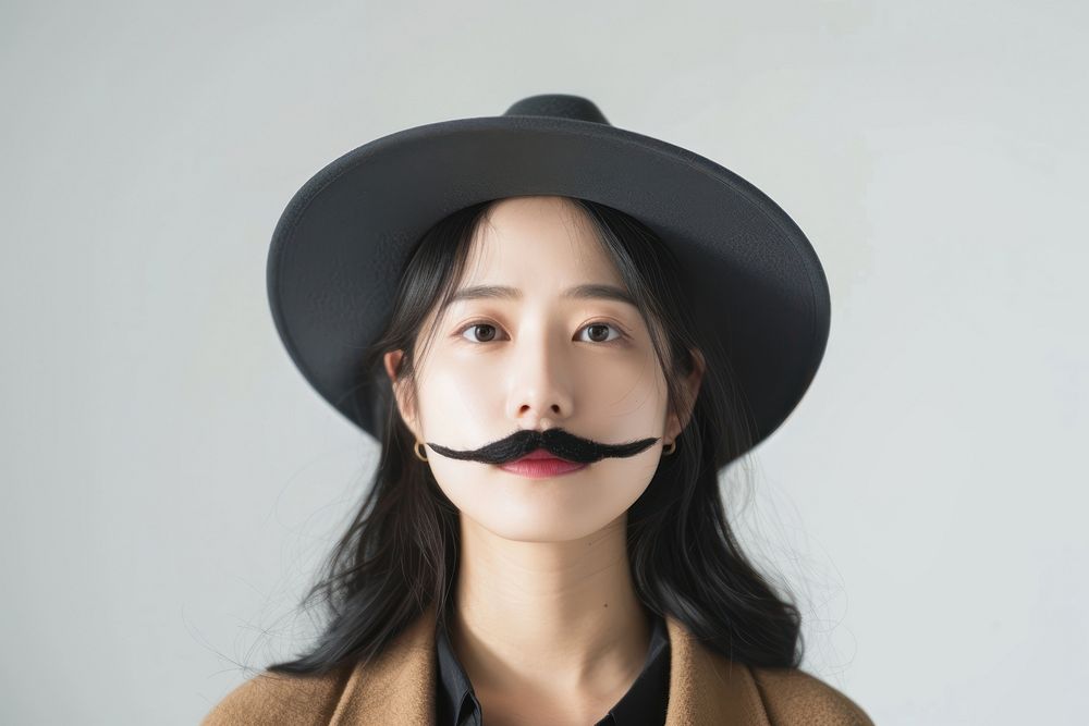 Asian woman with fake mustache and wear hat portrait adult photography.