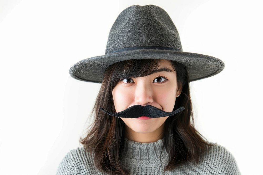 Asian woman with fake mustache and wear hat adult white background moustache.