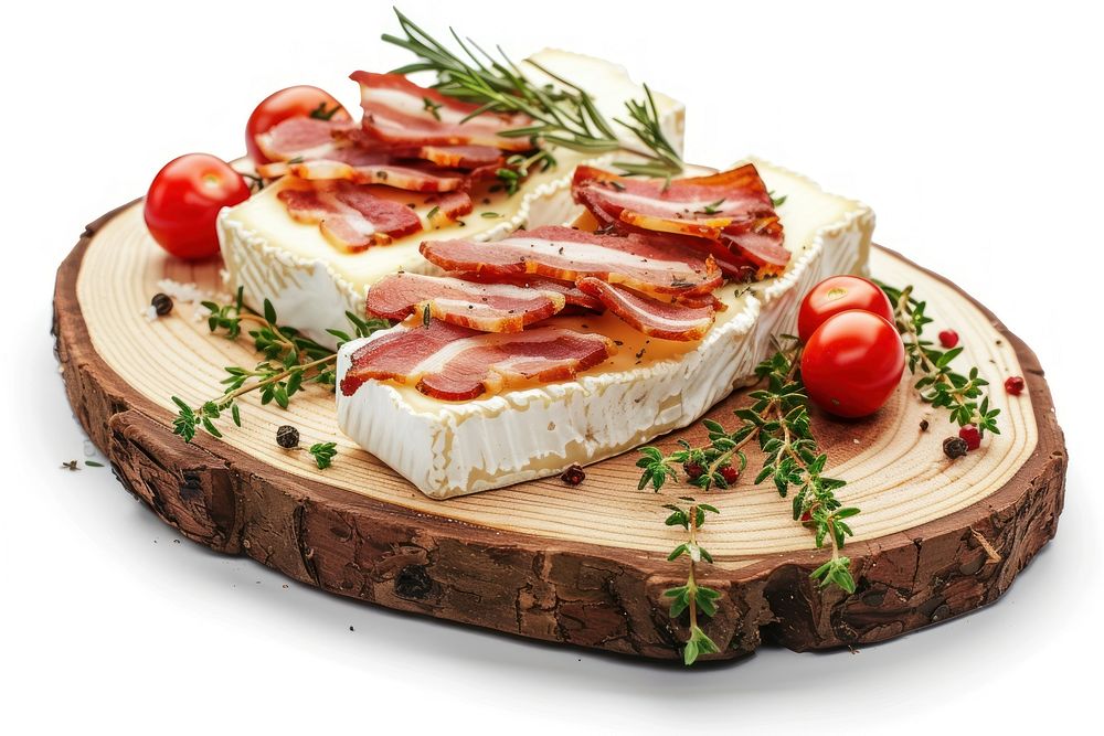 Cheese and slices of smoked bacon tomato food herb.