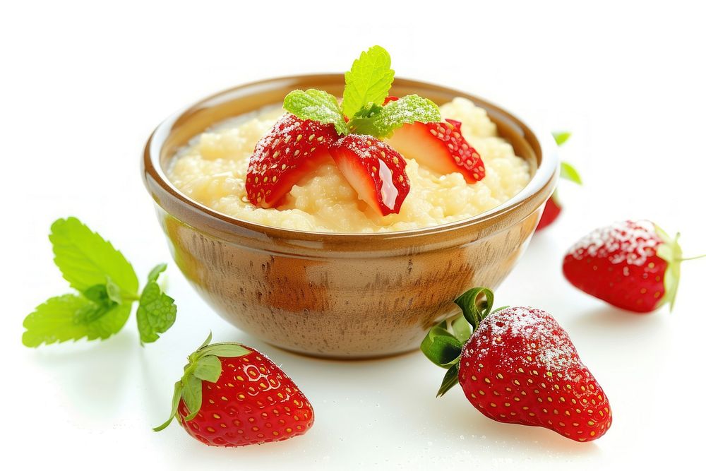 Bowl of tasty semolina porridge strawberry dessert fruit.