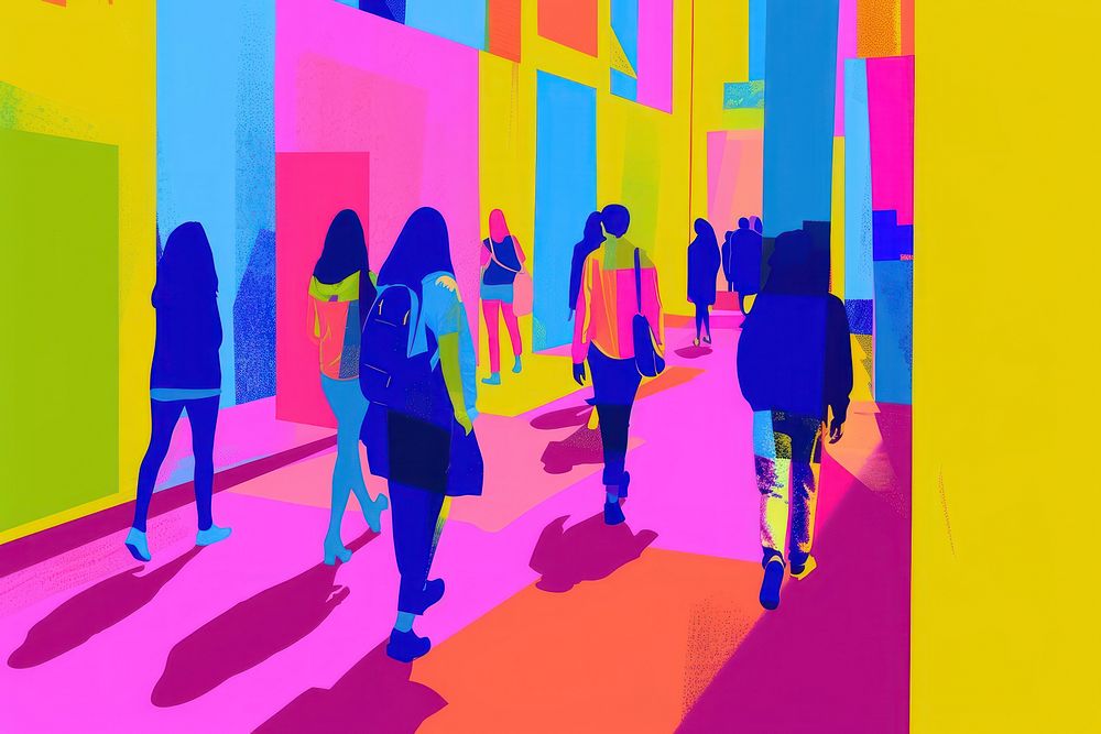 Colorful abstract design painting walking people.