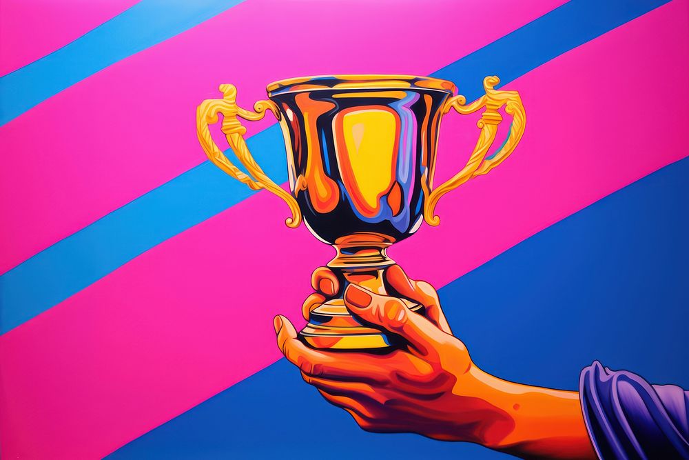 Hand holding trophy purple yellow blue.