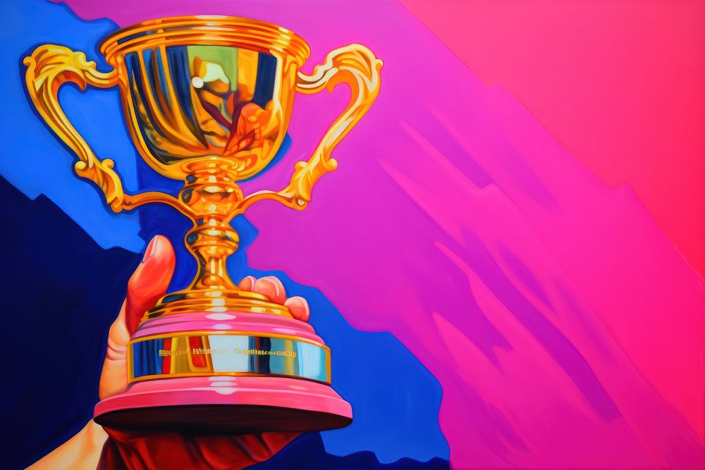 Hand holding trophy painting purple yellow.