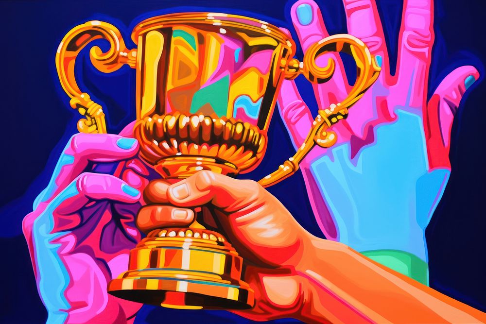 Hand holding trophy painting purple achievement.