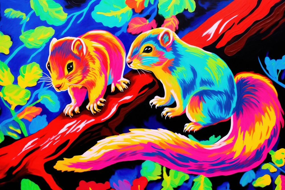 Oil painting of two suirrel animal rodent mammal.