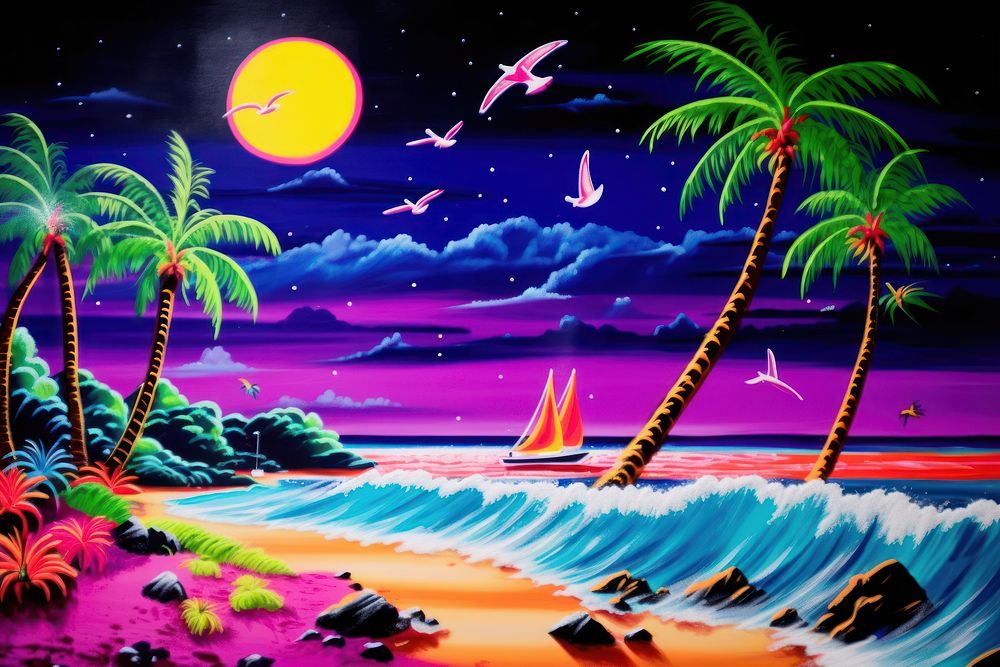 Oil painting beach outdoors nature night.
