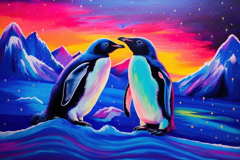 Oil painting of two penguins outdoors purple bird.