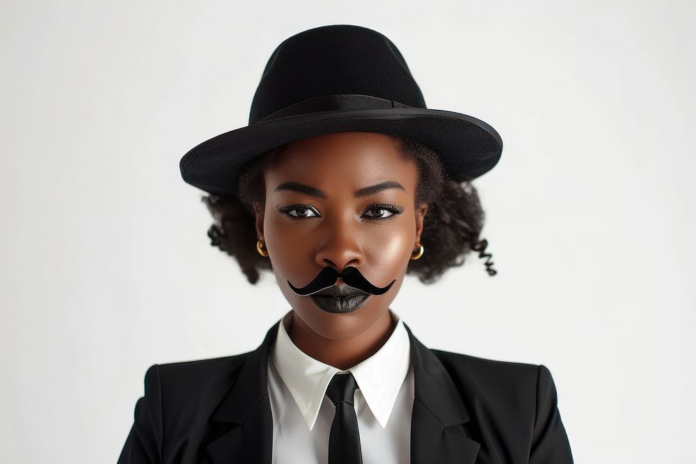 Black woman with fake mustache and wear hat and suit portrait adult photography.