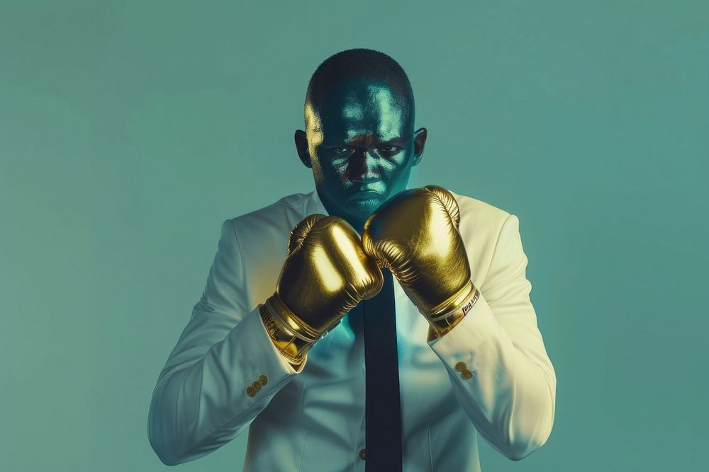Businessman Wearing golden shining Boxing Gloves boxing adult glove.