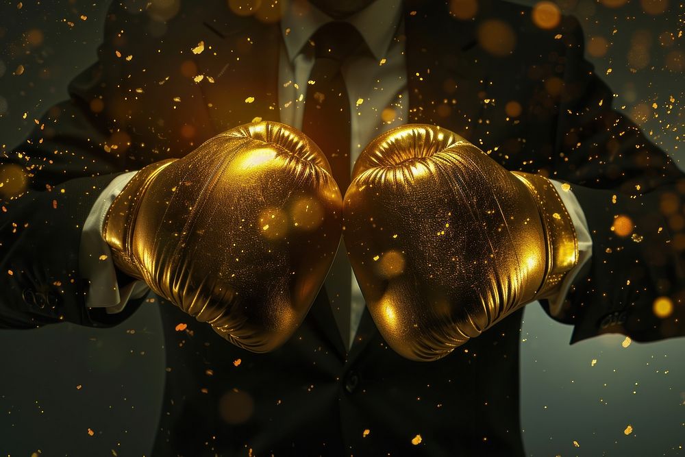 Businessman Wearing golden shining Boxing Gloves glove illuminated celebration.