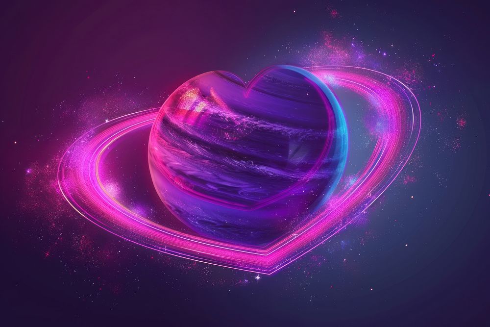 Heart shaped saturn planet night space.