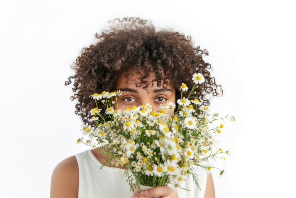 Young ethnic woman has problems with breathing holds nose suffers flower headshot plant.