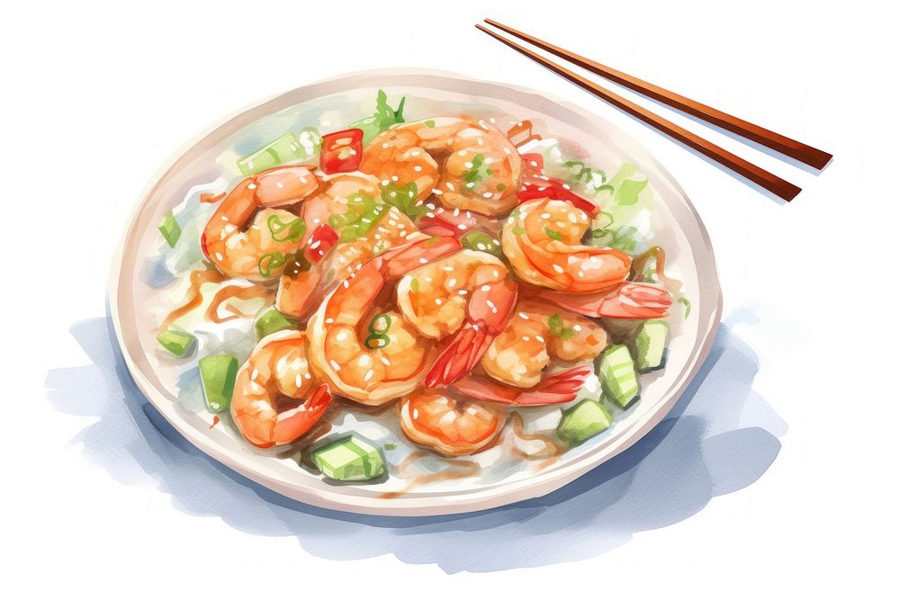 PNG Chinese food frame watercolor chopsticks seafood shrimp.