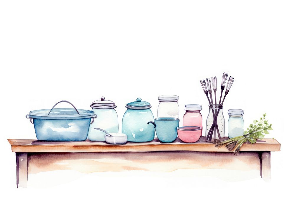 PNG Kitchenware border watercolor jar white background arrangement.