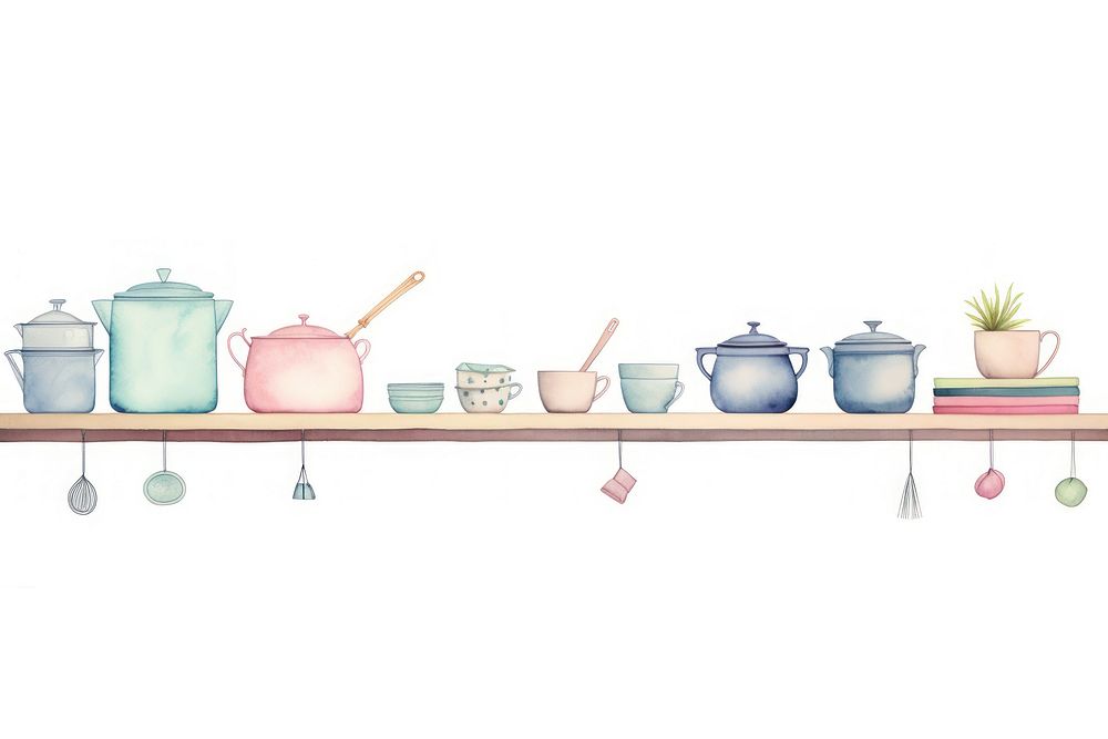 PNG Kitchenware border watercolor shelf cup white background.