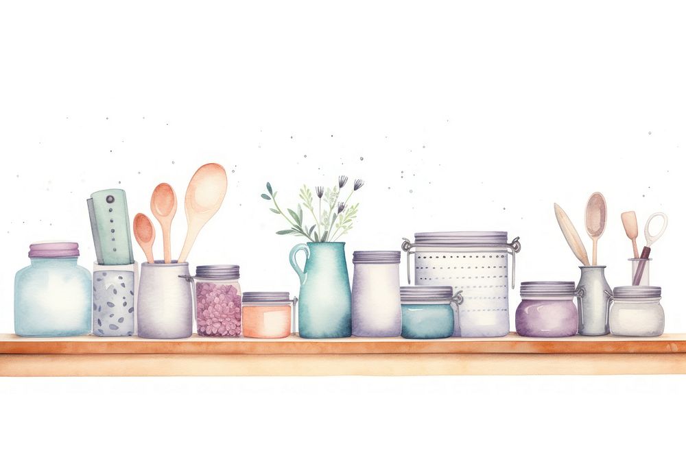 PNG Kitchenware border watercolor shelf jar white background.