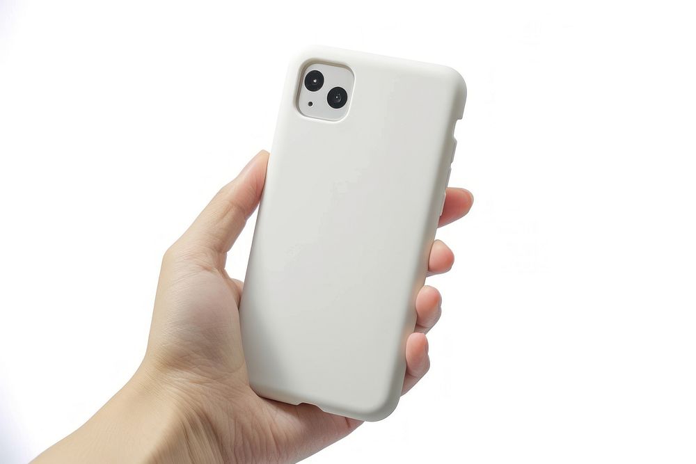 Only white hand holding phone and case white background electronics technology.