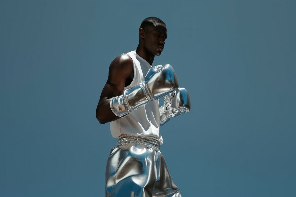 Man wearing silver shining boxing gloves adult exercising standing.