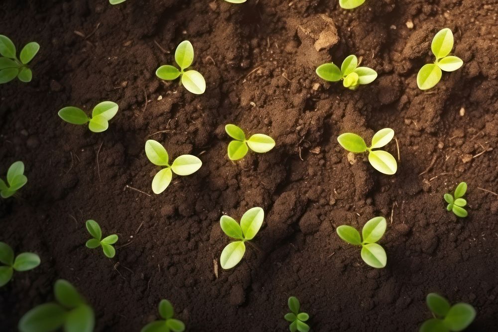 Young plants growing soil backgrounds outdoors.